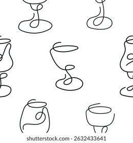 pattern of various icons with glasses for various drinks drawn with several lines in line art style