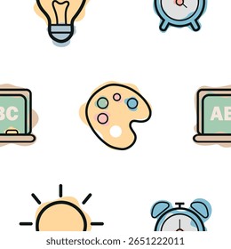pattern of various icons and symbols on the theme of school and school supplies, combining a line art style and abstract color spots, for school print, textiles or other various designs