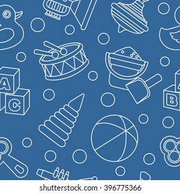 Pattern with various kinds of detailed toys isolated on blue background. Modern seamless toys flat linear pattern. Vector illustration.