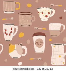 Pattern with various modern cups, jewelry design elements vector flat illustration. Beige tableware wrapping. Cute fashionable tableware mugs, teapot