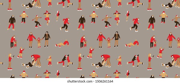 pattern with Various people characters skating on ice rink. 