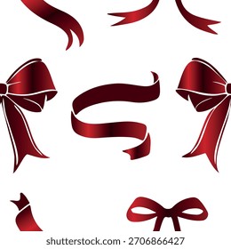 pattern with various ribbons and bows of different shapes with a red gradient, for holiday designs, social media or web design
