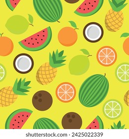 Pattern of Various Summer Fruits - Half and Whole Oranges, Lemons, Coconuts, Pineapples and Watermelons on Yellow Background. Seamless link.