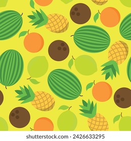 Pattern of Various Summer Fruits - Orange, Lime, Coconut, Pineapple and Watermelon on Yellow Background. Seamless link.