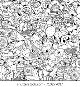 Pattern of various sweets and fruits.