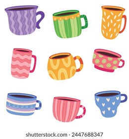 Pattern of various tea or coffee cups. Side view. Various decorations. Lines, waves, circles, etc. Cartoon style. Flat design. Isolated on white background