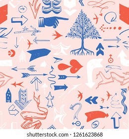 Pattern with various typographic arrows. Ribbons and Index finger