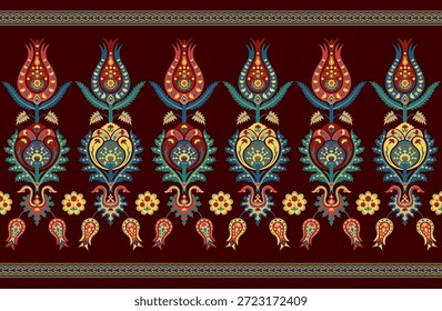 Patrón con varias flores caprichosas. Borde sin fisuras con líneas entrelazadas. Asia Central, Suzani, estilo Iznik. 