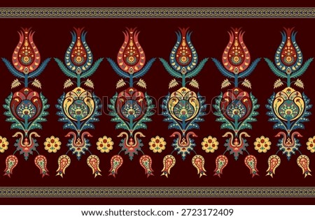 Pattern with various whimsical flowers. Seamless border with intertwining lines. Central Asian, Suzani, Iznik style. 