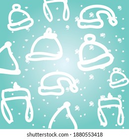 Pattern of various winter hats on a festive blue background