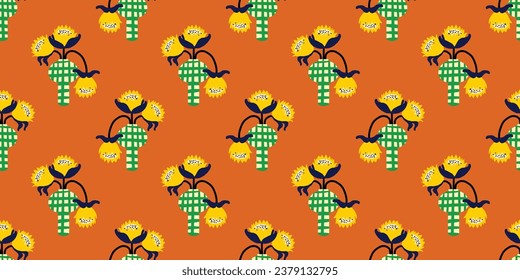 Pattern with vector abstract flowers . Seamless colorful backgrounds for fabric, background or wallpaper. Vector illustration. Hand drawn vector. Flowers in vase 