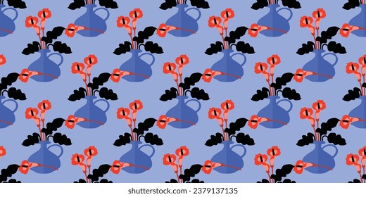 Pattern with vector abstract flowers . Seamless colorful backgrounds for fabric, background or wallpaper. Vector illustration. Hand drawn vector. Flowers in vase 