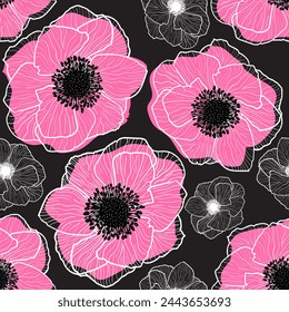 Pattern Vector Anemones Wildflower Graphic Flowers. Anemone floral botanical flowers. Wild spring leaf wildflower. Pink and white with line art on black backgrounds.