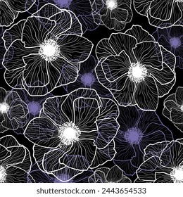 Pattern Vector Anemones Wildflower Graphic Flowers. Anemone floral botanical flowers. Wild spring leaf wildflower. Lilac and white with line art on black backgrounds.