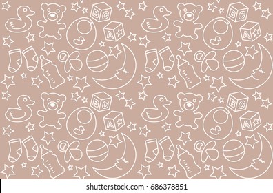 Pattern. Vector art baby stuff. Light brown background, linear white designs.