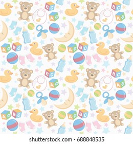 Pattern. Vector art baby stuff. White background, and pastel color drawings.
