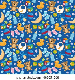 Pattern. Vector art baby stuff. Blue background, and colorful drawings.