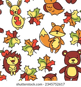 Pattern vector autumn seamless pattern in flat style with various cute animals fox, bear, owl, hare and autumn foliage. Cartoon children's doodle for printing on textiles