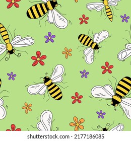 Pattern vector cartoon bees, wasps and flowers. Drawings Insects in doodle style. Seamless background. Nature, plants. Children's design. Background isolated.