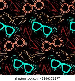 A pattern of vector colorful glasses on a dark background. Seamless background with decor. Modern, stylish, fashionable glasses with decor. Printing on textiles and paper.