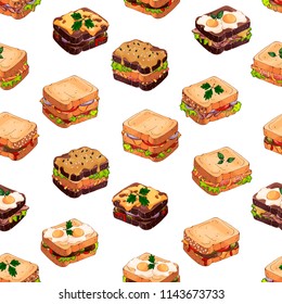 Pattern of vector colorful illustrations on the fast food theme; set of different kinds of sandwiches. Pictures contain realistic shadows and glare.