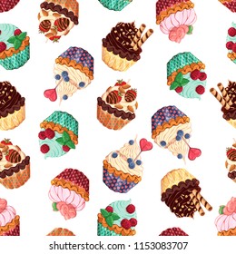 Pattern of vector colorful illustrations on the sweets theme; set of different kinds of baskets decorated with berries, chocolate or nuts. Pictures contain realistic shadows and glare.