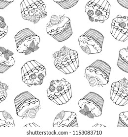 Pattern of vector colorful illustrations on the sweets theme; set of different kinds of cupcakes decorated with berries, chocolate or nuts.  Pictures are depicted as black sketches.