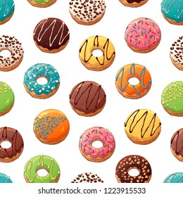 Pattern of vector colorful illustrations on the sweets theme; set of different kinds of glazed donuts decorated with toppings, chocolate, nuts. Realistic isolated objects for your design.