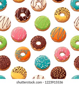 Pattern of vector colorful illustrations on the sweets theme; set of different kinds of glazed donuts decorated with toppings, chocolate, nuts. Realistic isolated objects for your design.