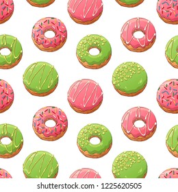 Pattern of vector colorful illustrations on the sweets theme; set of different kinds of glazed donuts decorated with toppings. Realistic isolated objects for your design.