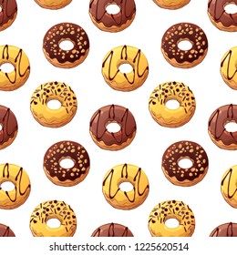 Pattern of vector colorful illustrations on the sweets theme; set of different kinds of glazed donuts decorated with toppings. Realistic isolated objects for your design.