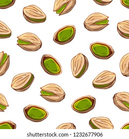 Pattern of vector colorful illustrations on the nutrition theme; set of pistachios. Realistic isolated objects for your design.