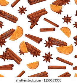 Pattern of vector colorful illustrations on the Christmas Traditions theme: festive sticks of cinnamon, anise stars and orange slices. Realistic isolated objects for your design.