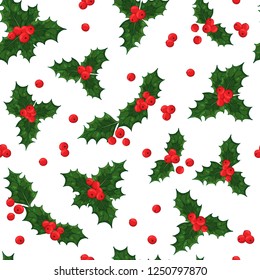 Pattern of vector colorful illustrations on the Christmas Traditions theme: festive Norway holly - red mistletoe. Realistic isolated objects for your design.