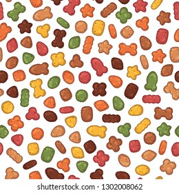 Pattern of vector colorful illustrations on the nutrition theme; set of dry food for cats and dogs. Realistic isolated objects for your design. 