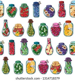 Pattern of vector colorful illustrations on the nutrition theme; jars of canned vegetables and fruits. Realistic isolated objects for your design. Each object can be changed and moved.