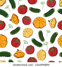 Pattern of vector colorful illustrations on the vegetables theme: tomato, cucumber, squash. Isolated editable objects for your design.