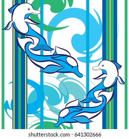 Pattern in vector. Dolphins, blue, green, turquoise stripes and abstract brushstrokes. Pattern for textiles, Wallpaper, and skins