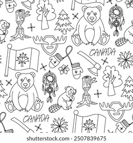 pattern of vector doodle illustrations on Canadian theme in flat contour style. Canada Day. Individual objects, animals on a white background. It is ideal for creating souvenirs and printed products.