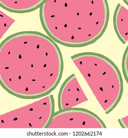pattern with vector drawings of red watermelon slices on a yellow background