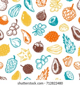 Pattern with vector exotic fruits. Tropical fruits, seamless pattern. The most popular exotic plants. Dragon fruit, papaya, starfruit.