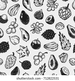 Pattern with vector exotic fruits. Tropical fruits, seamless pattern. The most popular exotic plants. Dragon fruit, papaya, starfruit.