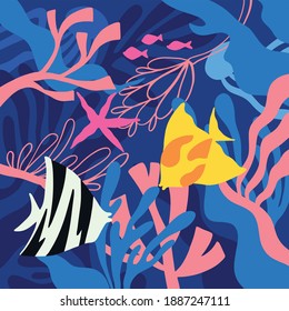 pattern vector of fish and sea coral in bright color