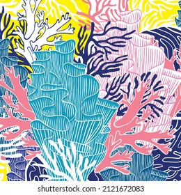 pattern vector of fish and sea coral in bright color. pattern 2022 for pabric and art print.