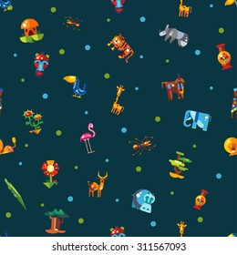 Pattern of vector flat design african icons and infographics elements with animals
