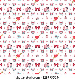 Pattern of vector flat outline icons on the theme of love, relationships, romantic feelings. Design for packaging, clothing, bed linen, for wrapping paper. Valentine's Day gifts.