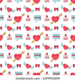 Pattern of vector flat outline icons on the theme of love, relationships, romantic feelings. Design for packaging, clothing, bed linen, for wrapping paper. Valentine's Day gifts.