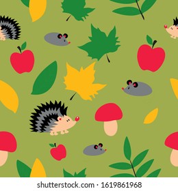 PATTERN VECTOR FOREST HEDGEHOG MOUSE MAPLE LEAVES MUSHROOM