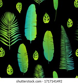 Pattern vector green neon tropical leaves of palm, monstera, fern. Plants on a black background.