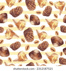 Pattern vector hand drawn beige seashells on a bright background